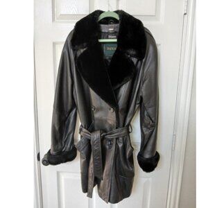 Danier Black Leather Trench Coat with Faux Fur Collar - Size Medium